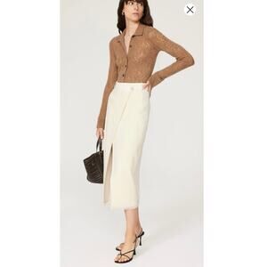 SIMKHAI Off-White Cotton Blend Front Button Frayed Hem Hunter Wrap Skirt sz S